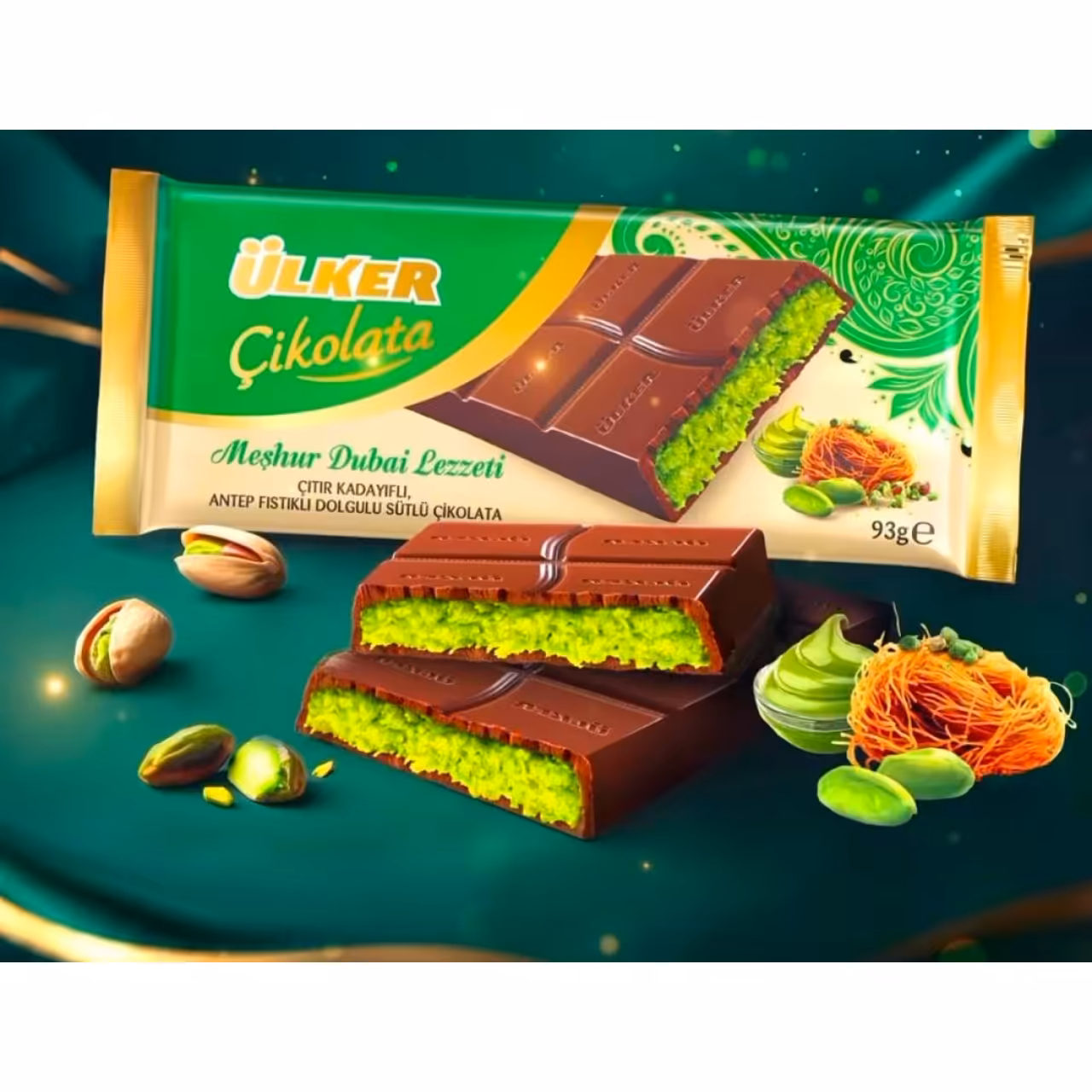 شکلات مغز پسته و کنافه دبی اولکر حجم 93 گرم
