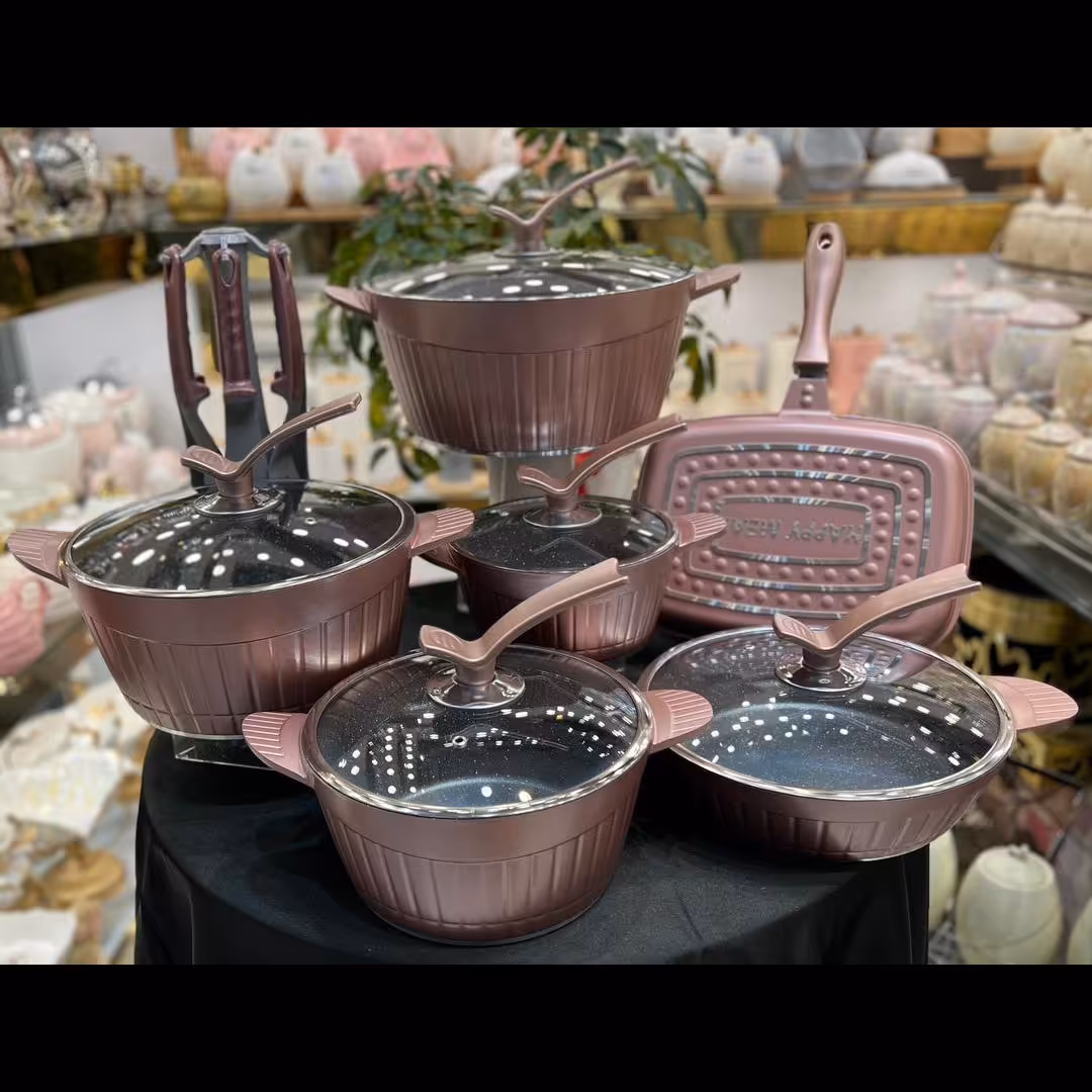 سرویس قابلمه 22 پارچه چدن گرانیت برند هافنر مدل دسته تیک رنگ رزگلد