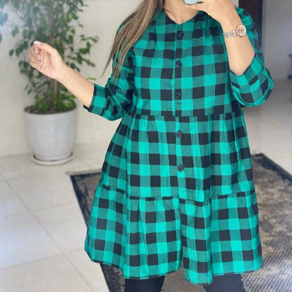 تونیک مانتویی عروسکی چهارخونه ژیلا جنس پوپلین نخ فری سایز از 34 تا 44