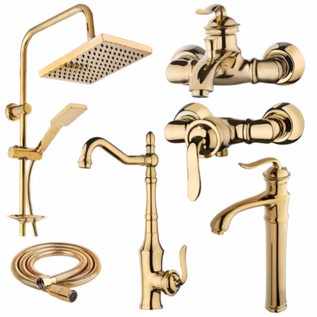 ست شیرالات ساختمان رنگ طلا بهمراه علم دوش دوکاره و روشویی پایه بلند و شلنگ جنس درجه 1 وواستاندارد ودارای ایزو 9001