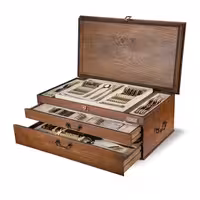 سرویس قاشق و چنگال 12 نفره ناب استیل طرح فلورانس برنزی PVD (124 پارچه) بعلاوه کنسول چوبی