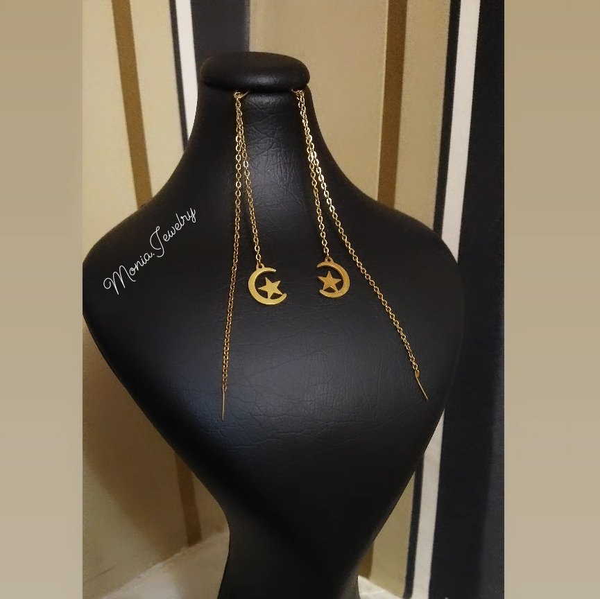 گوشواره بخیه استیل طرح ماه و ستاره رنگ ثابت ضدحساسیت