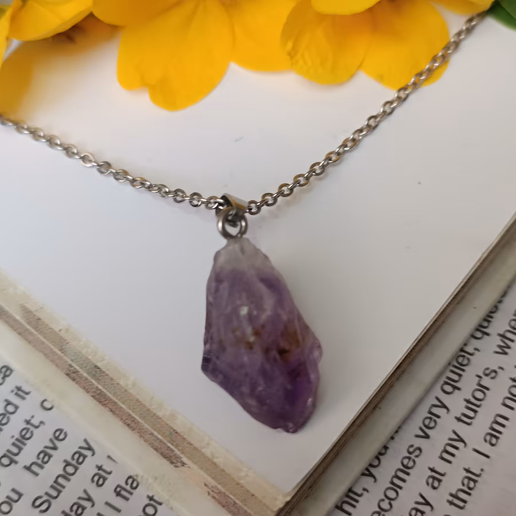 گردنبند آمیتیست برزیل سنگ اصل با کیفیت درجه یک به همراه زنجیر استیل