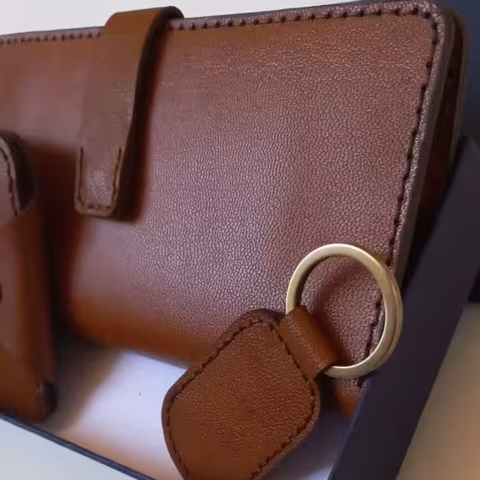 ست کیف پول و جا کارتی جا کلیدی  چرم طبیعی بز دست دوز