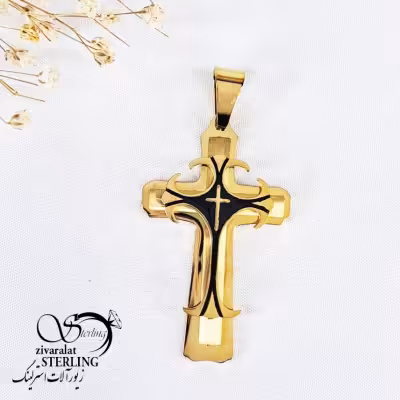 پلاک زنجیر استیل صلیب طرح دار کد 11487