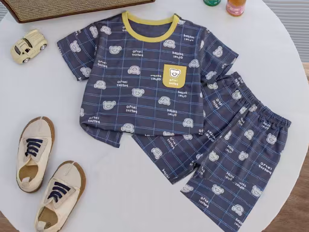 تیشرت و شلوارک راحتی دودی رنگ  طرح کله خرس