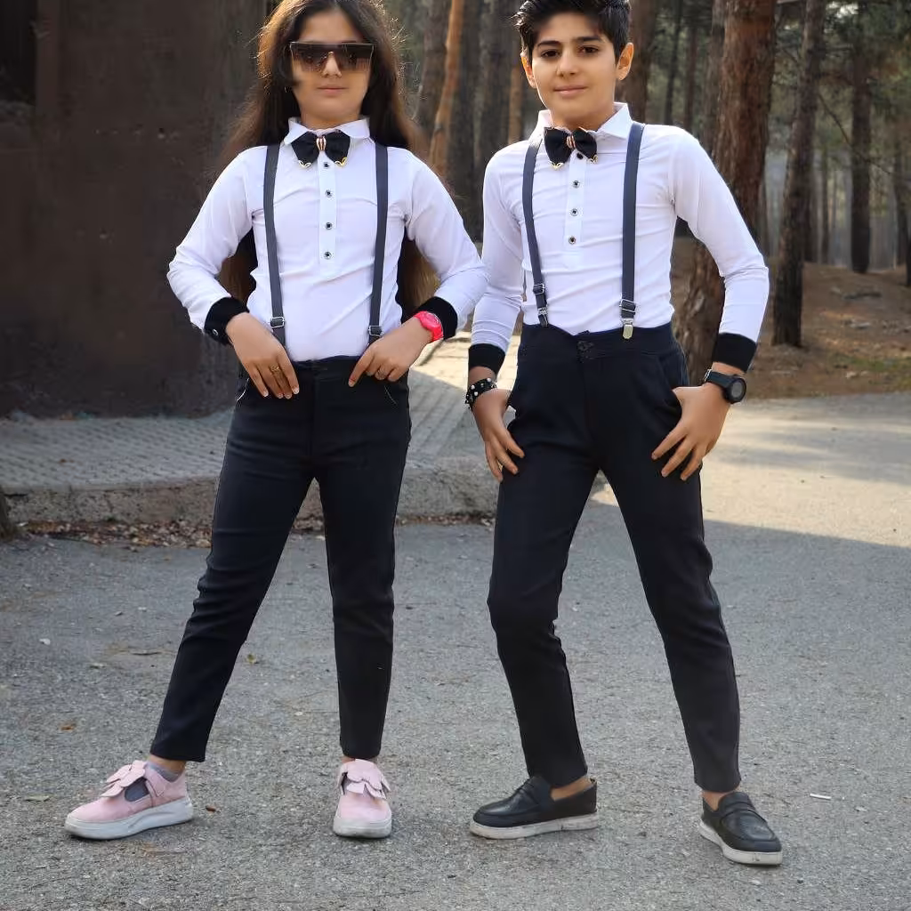 ست لباس خواهر و برادر ساس بند دار سایز 40تا60 شلوار بنگال مشکی و پیراهن رامی سفید تک رنگ 