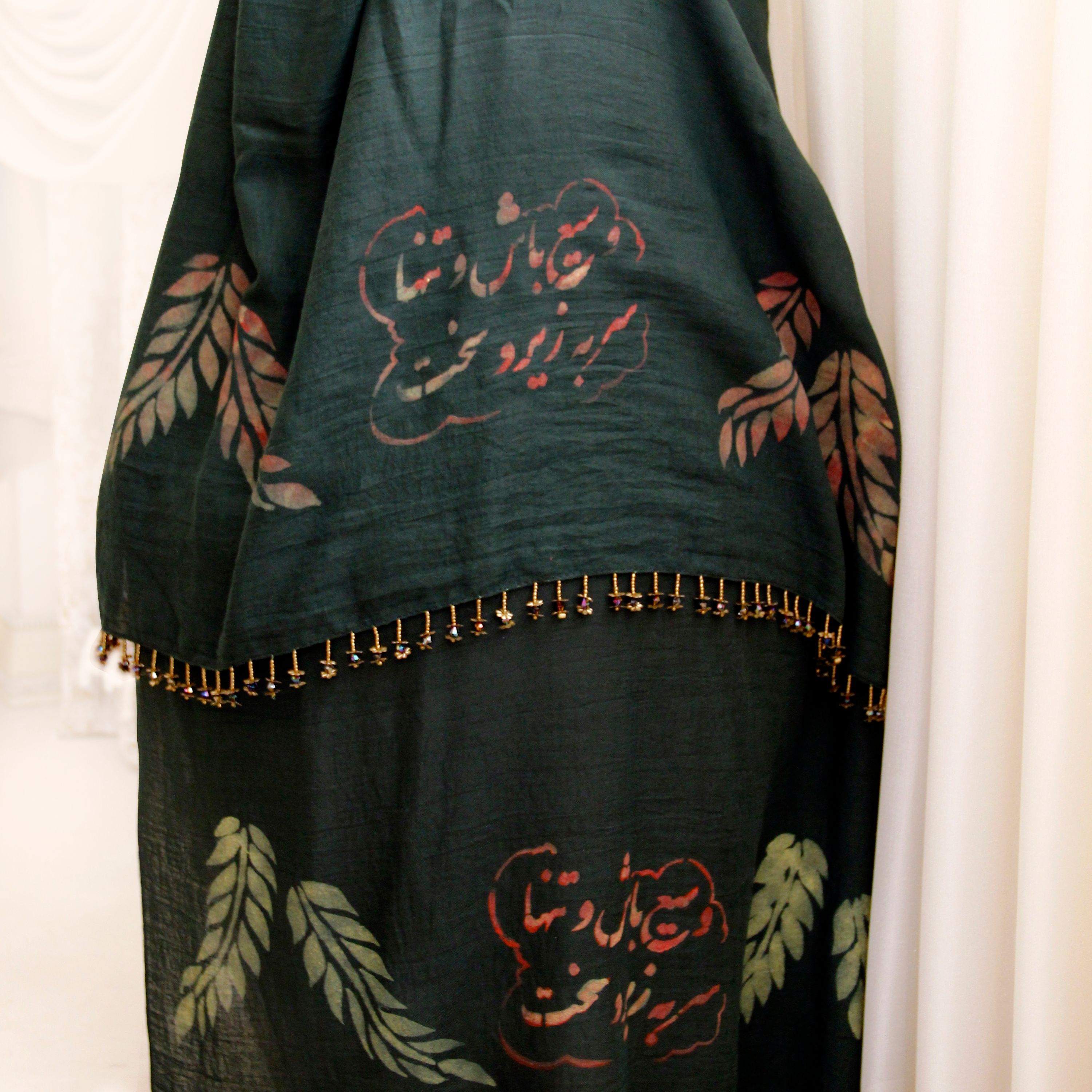 شال تخی بهاره مجلسی کار دست حاشیه خوشنویسی و نقاشی مدل وسعت سبز