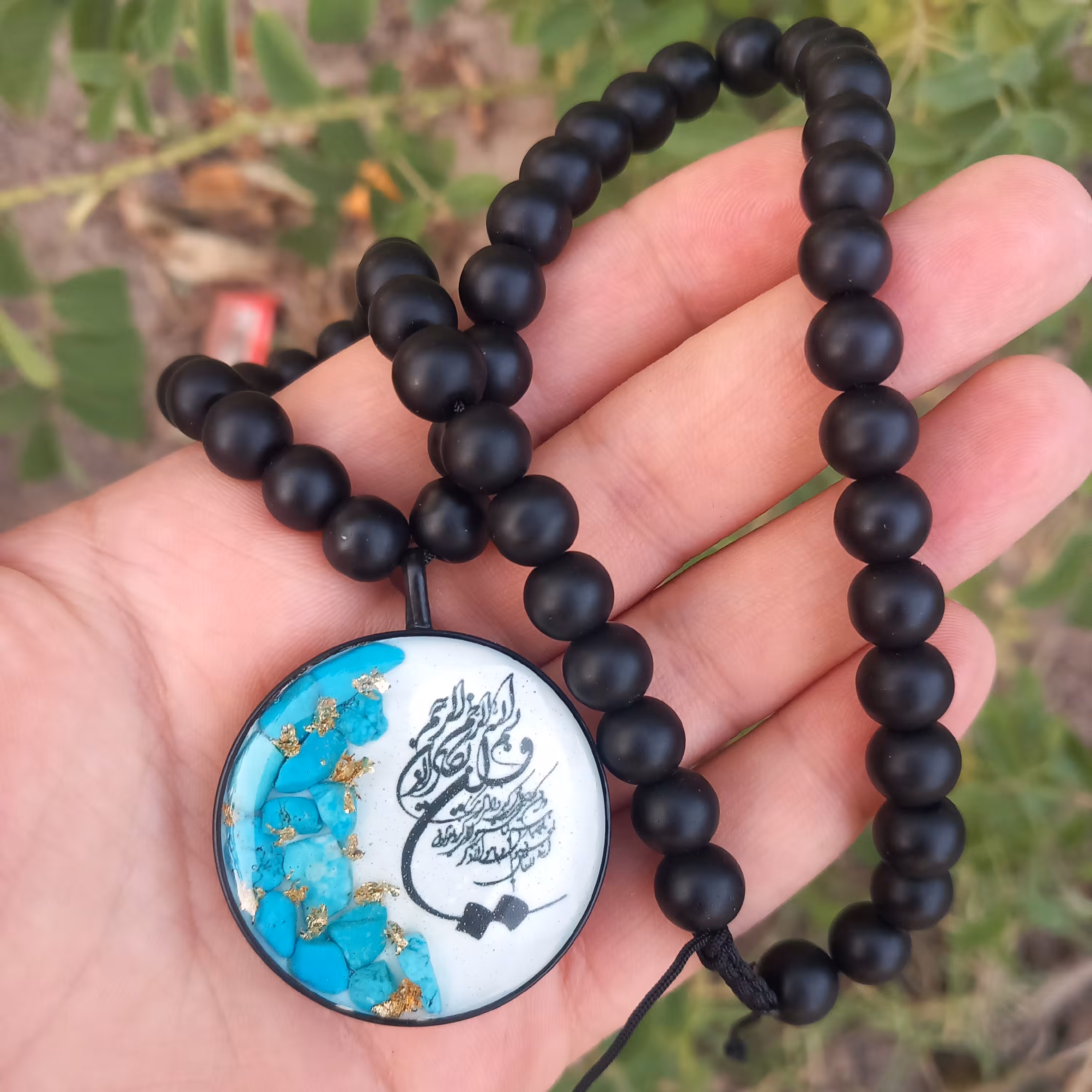 آویز ماشین  رزینی طرح وان یکاد فیروزه و ورق طلا