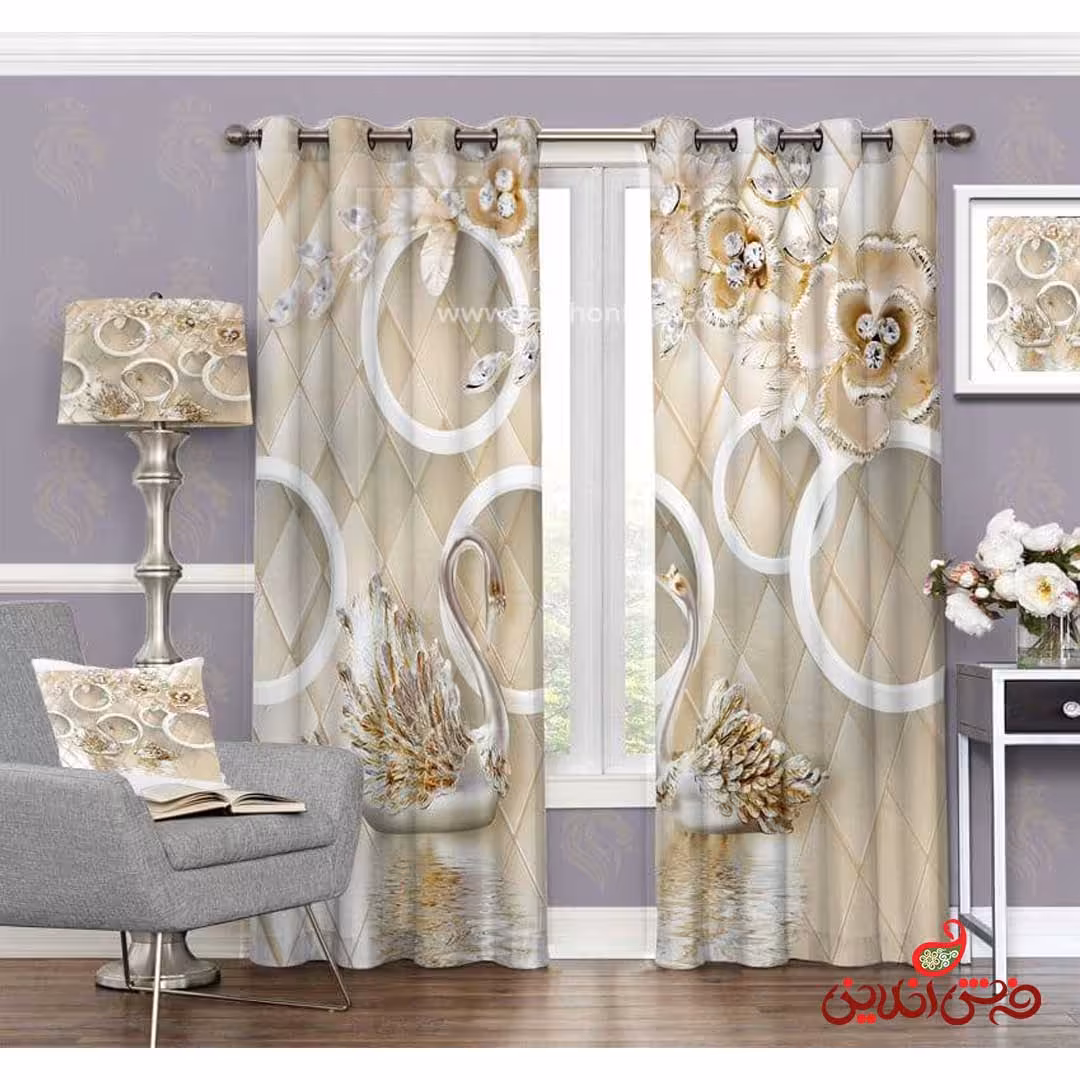 پرده مدرن طرح غو وحلقه و گل طلایی کد 3365