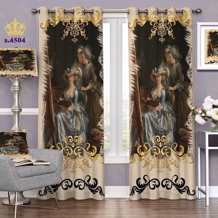 پرده پذیرایی دو قواره پانچ چهره طرح بانوی نقاش کد S4504