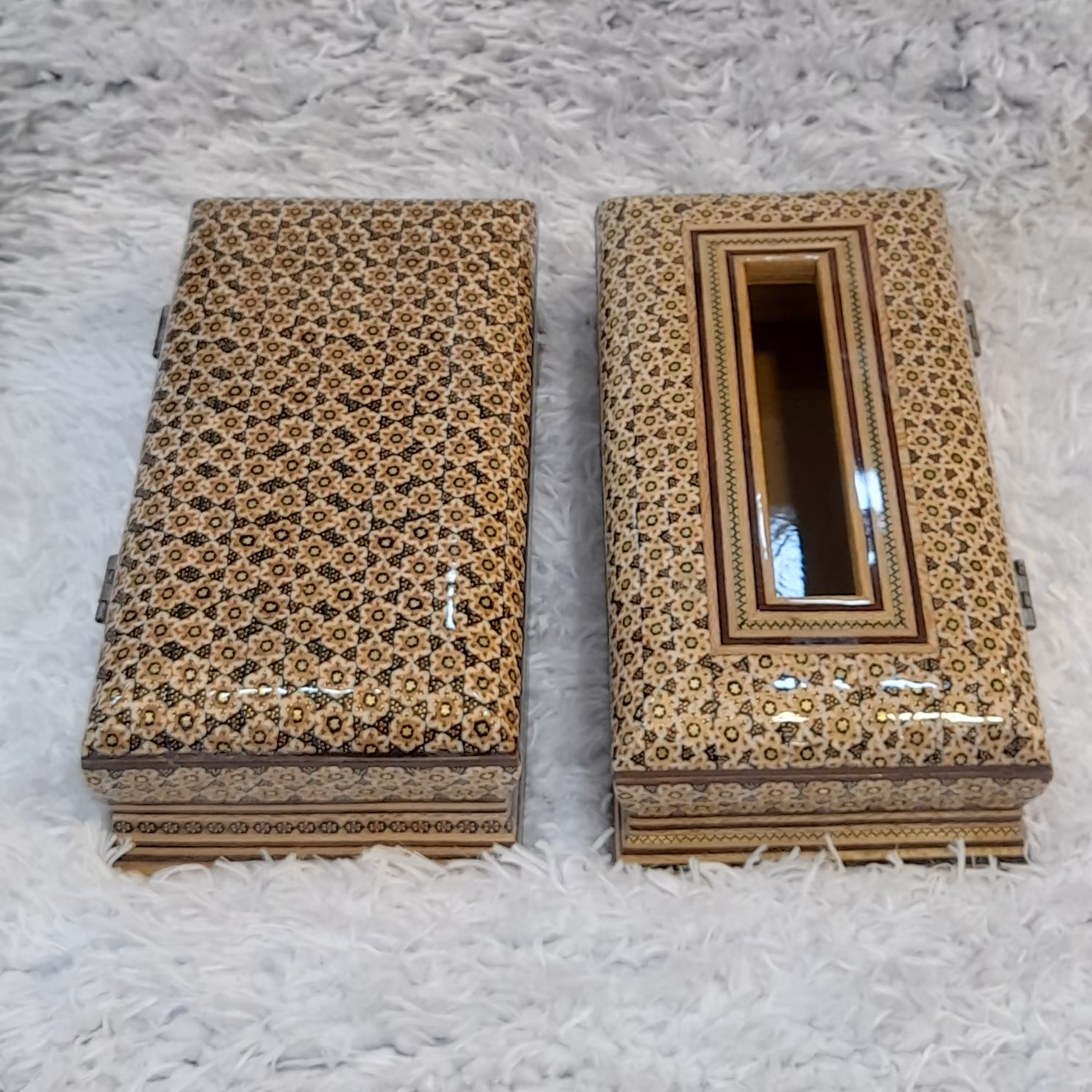 ست جعبه دستمال کاغذی لولادار  و جا قاشق چنگالی لولادار  خاتم کاری(مدل معمولی)(گارانتی 120 ماهه)