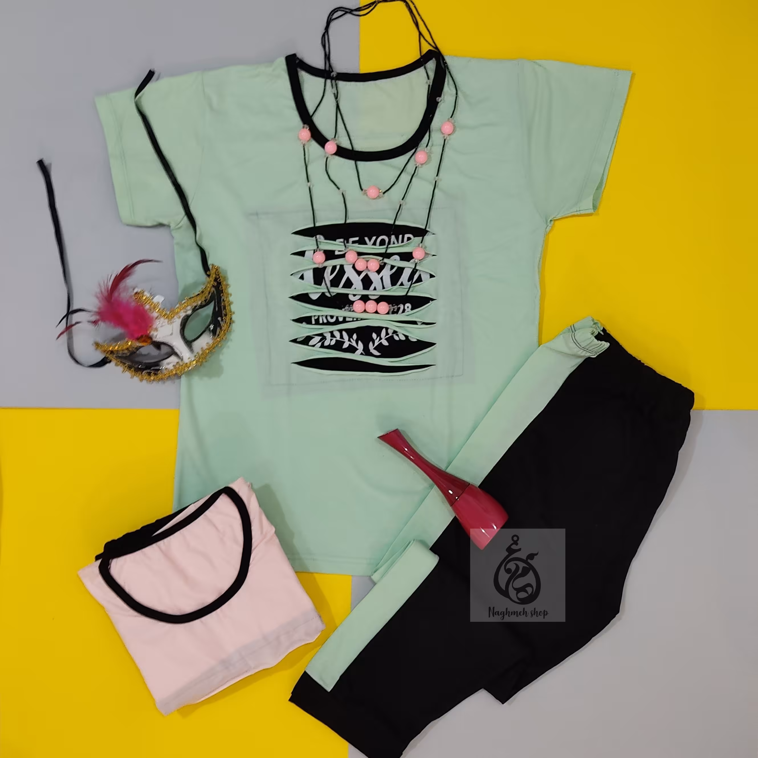 تیشرت و شلوارک پنبه در دو رنگ بسیار زیبا و جذاب مغزپسته ای و صورتی