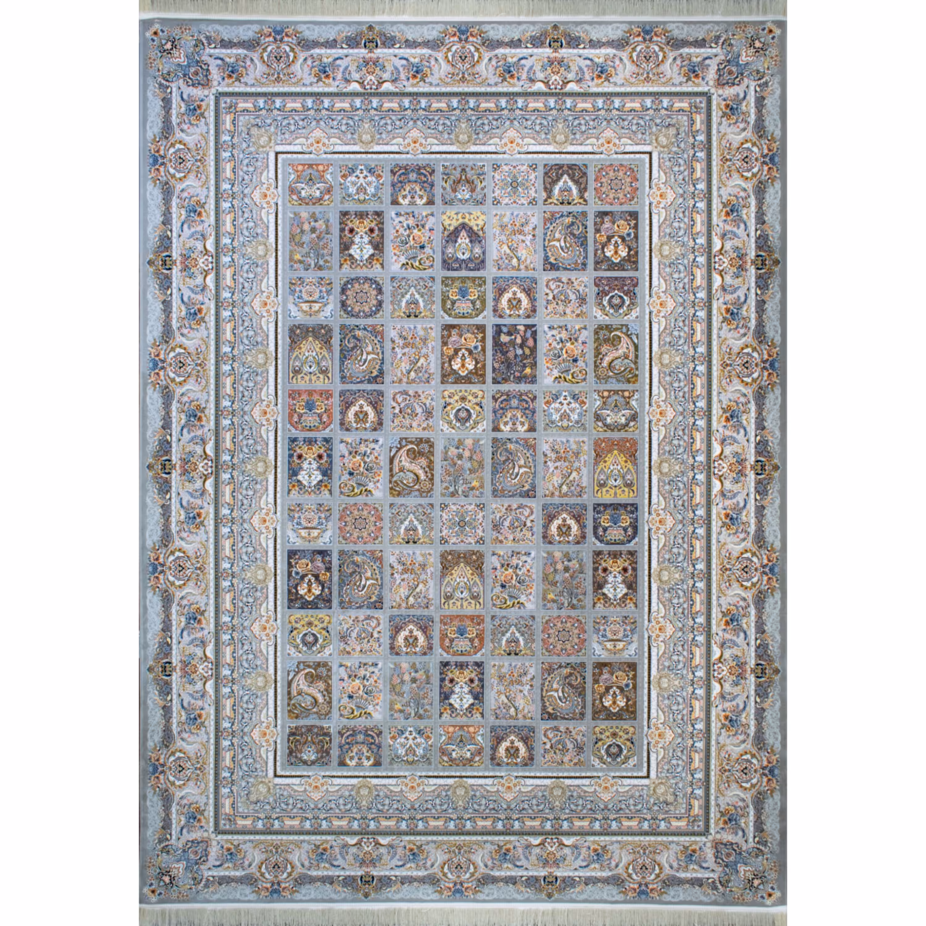 فرش ماشینی افرند 1500 شانه گل برجسته زمینه نقره ای کد 55020 (نه متری)