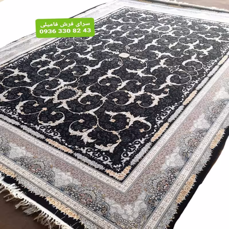 فرش ماشینی طلا کوب طرح لوتوس سرمه ای12متری تراکم 2550