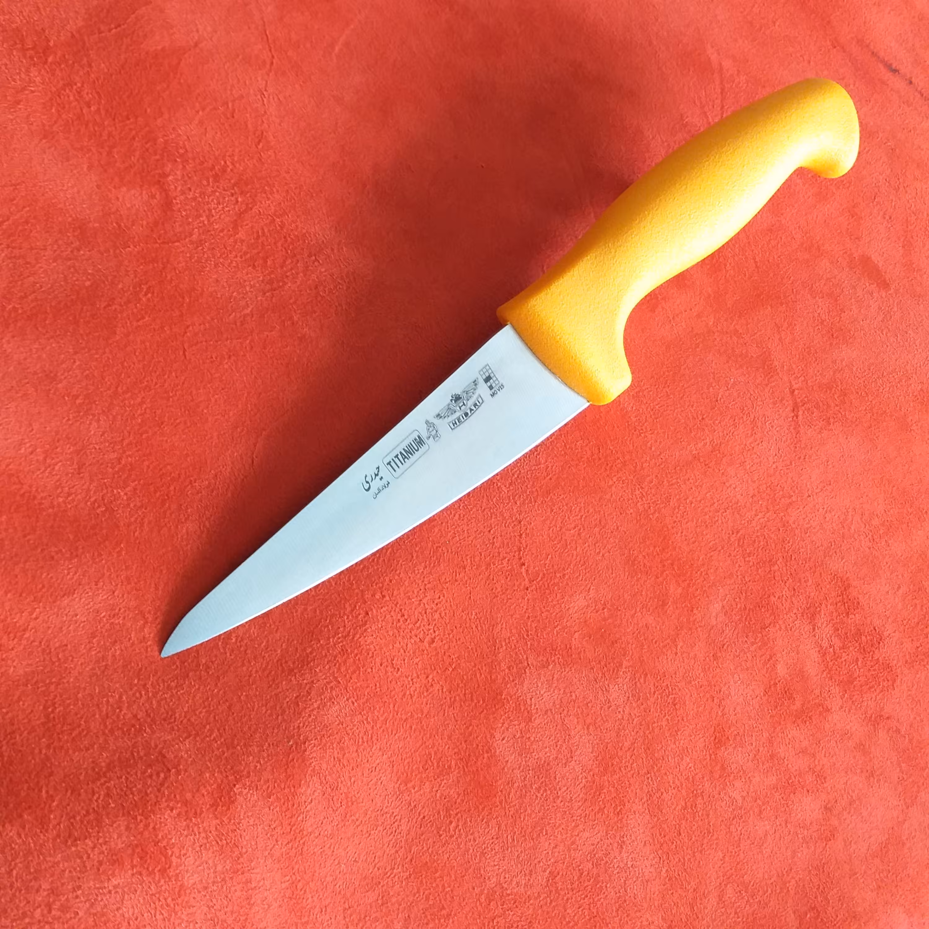 چاقو بیخصی حیدری چاقو زنجان استیل استیلنس 430آلمانی ضدزنگ بادسته زرد فایبرگلس