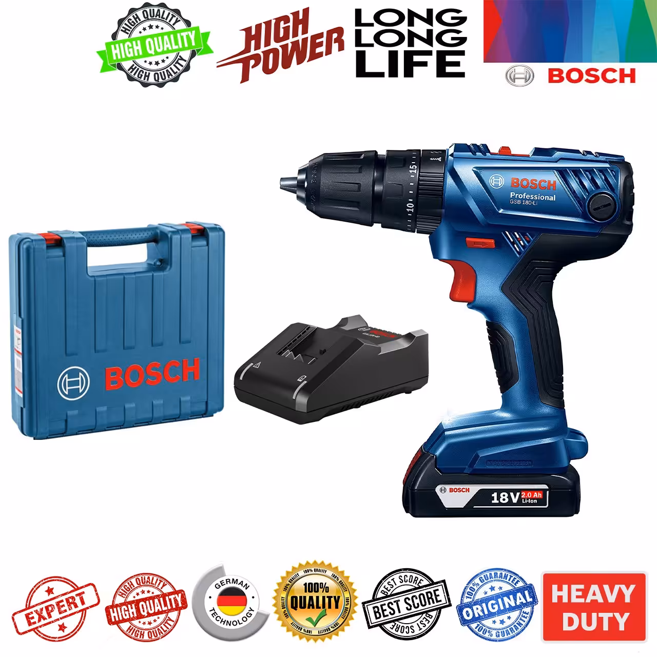 دریل شارژی 18 ولت چکشی بوش مدل GSB 180 LI (اصلی-با گارانتی اصالت-مونتاژ مالزی)