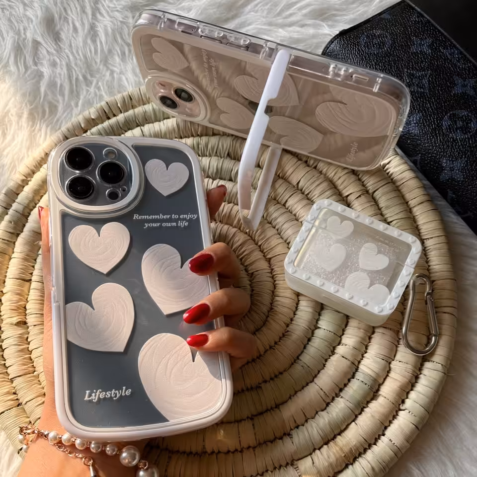 قاب قلب سفید استند دار برای آیفون سری 11 به بالا کاور ایرپاد ست موجوده