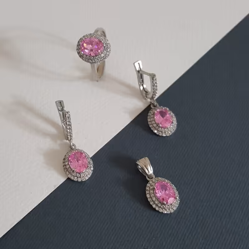 9-نیم ست نقره عیار 925 - باروکش اب رادیوم -با نگین زیرکن رنگی - کد 6 - W 10.1