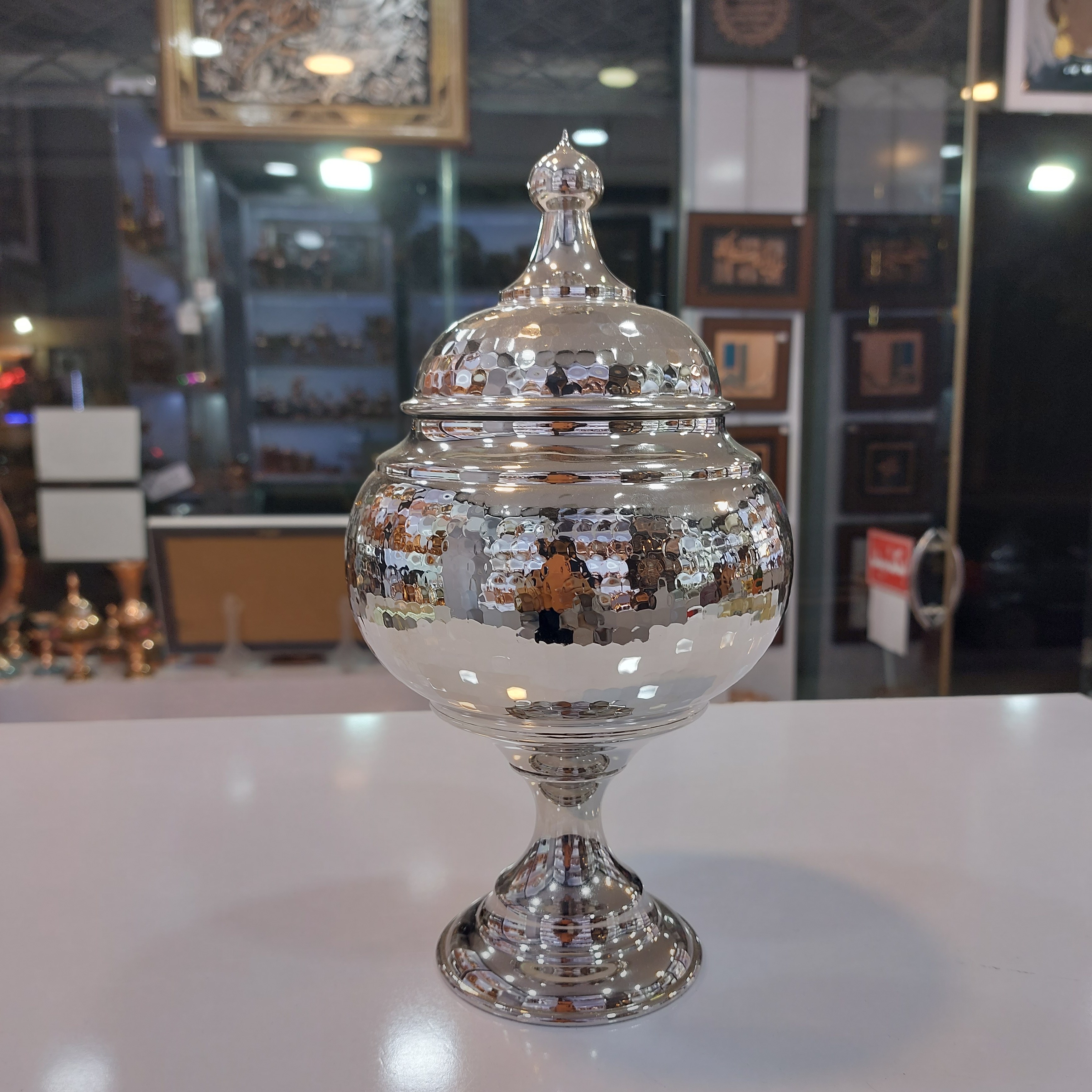 شکلات خوری مسی خمره ای چکشی پایه دار فضلی کروم