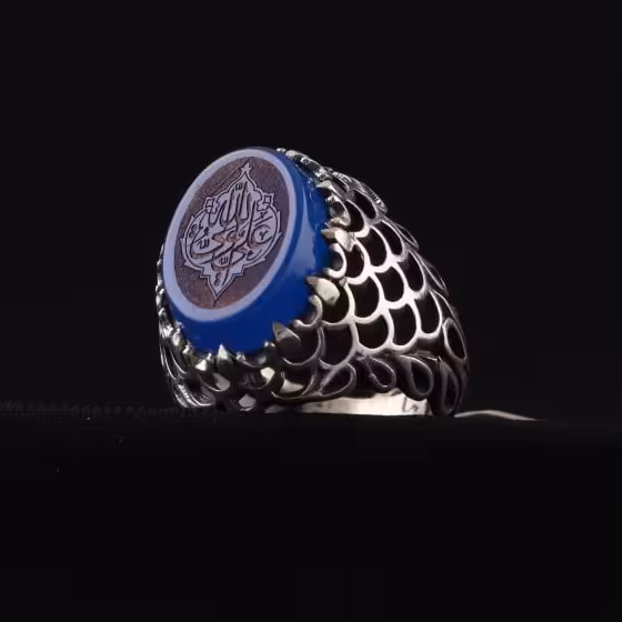 انگشتر مردانه عقیق آبی نقش علی ولی الله اصل ( انگشتر نقره مردانه )