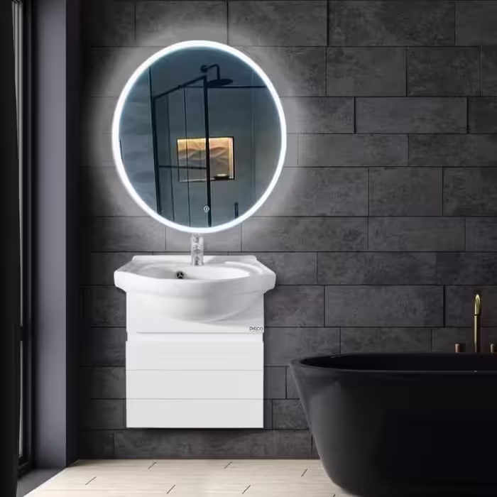 روشویی کابینتی دیواری سفید سایز 42 با آینه بک لایت گرد (پس کرایه)