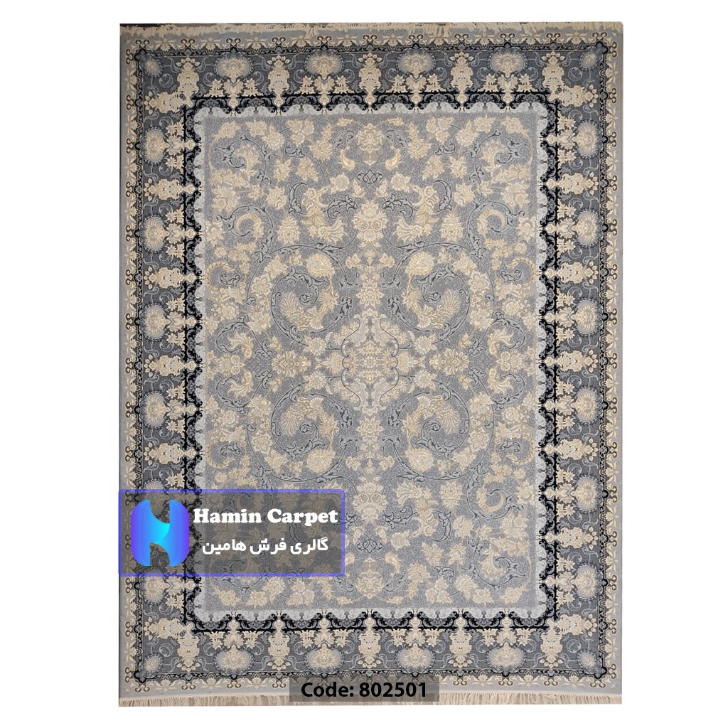فرش 4 متری 700شانه تراکم 2550 نخ آکلریک رنگ زمینه نقره ای کد AR802501