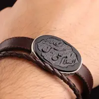 دستبند چرم مردانه عقیق سیاه اصل دستساز و قلمزنی شده