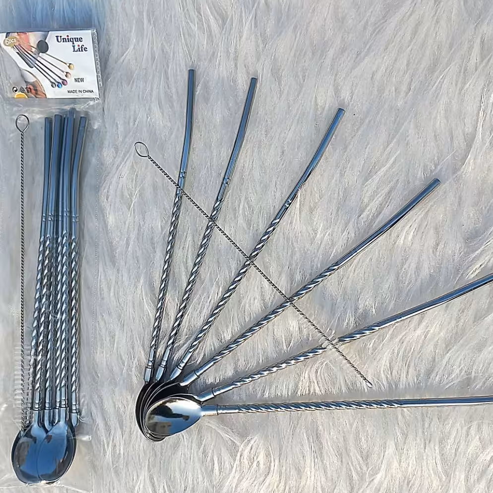 قاشق نی شربتی استیل یونیک شش عدد  فرچه نظافتی  آهنربا نگیر 