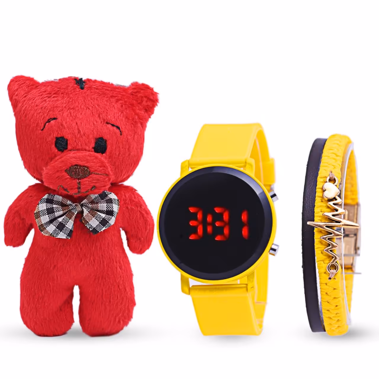 پک هدیه اسپرت مدل 689 دارای ساعت مچی LED دستبند چرمی و عروسک خرسی قرمز