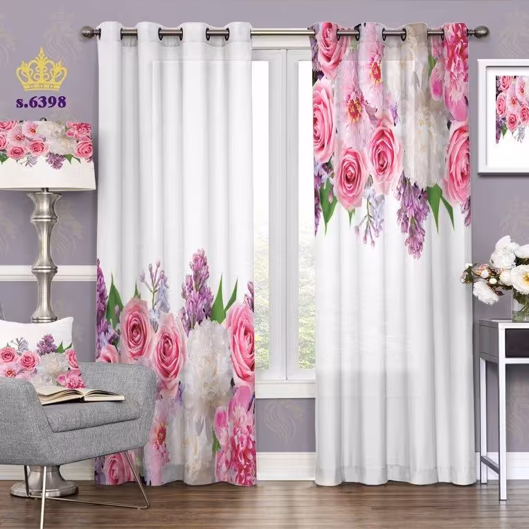 پرده پذیرایی دو قواره پانچ گلدار طرح گل رُز و گل میخک کد S6398