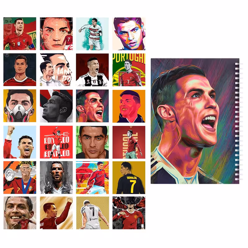 دفتر مشق باژیکان طرح فوتبالی هواداران رونالدو کد 20214712 به همراه فتوکارت مجموعه 24 عددی