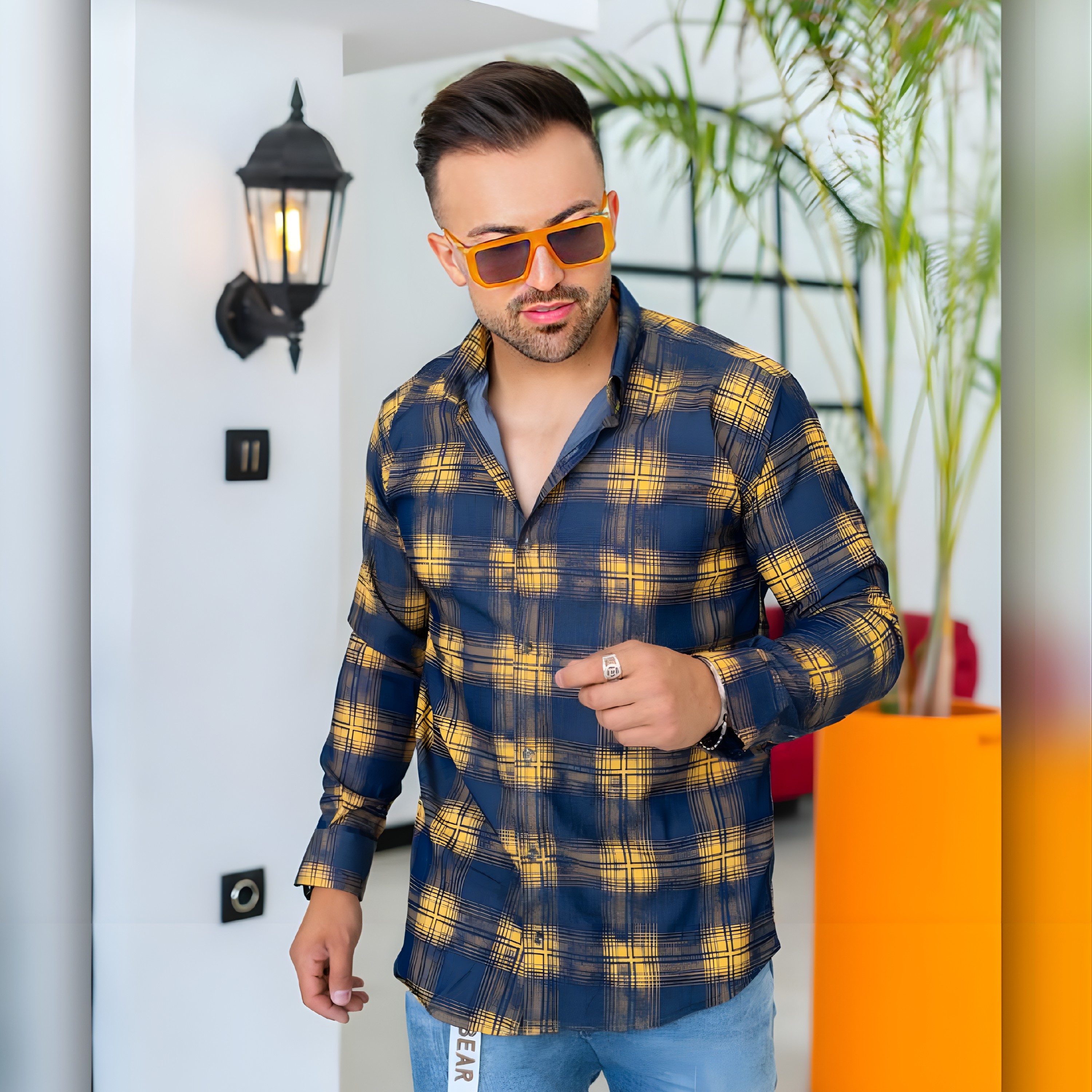 پیراهن آستین بلند چهارخانه زرد نخ پنبه مردانه