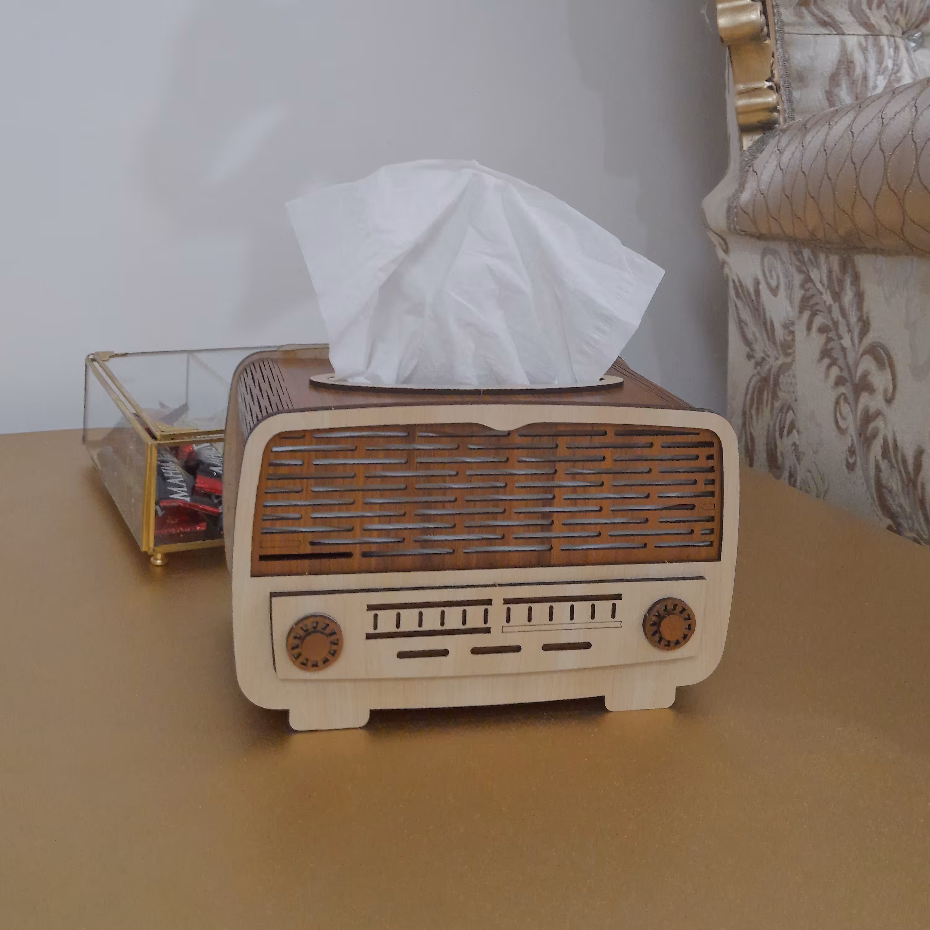 جا دستمال کاغذی دکوری چوبی طرح رادیو  قدیمی کِشو دار 