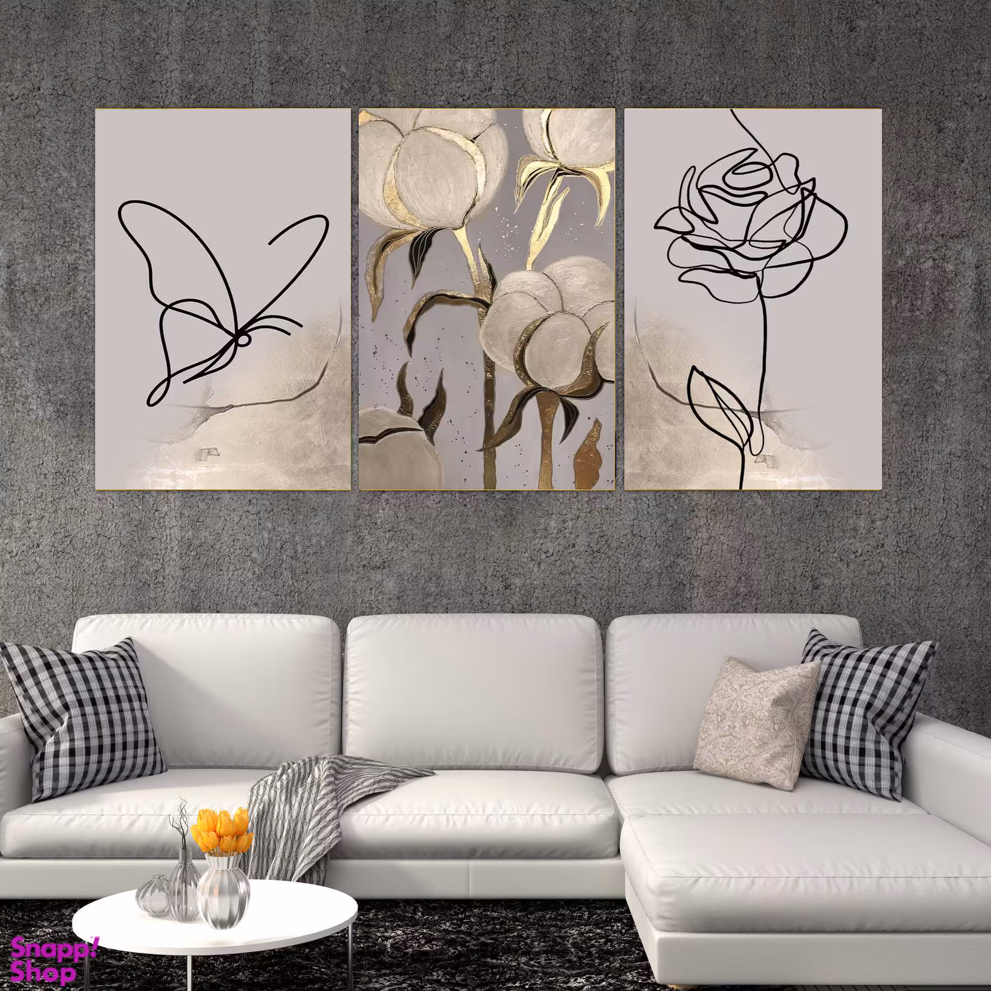 تابلو شاسی بکلیت طرح نقاشی مدرن مینیمال گل و پروانه مدل SH-1558 مجموعه 3 عددی