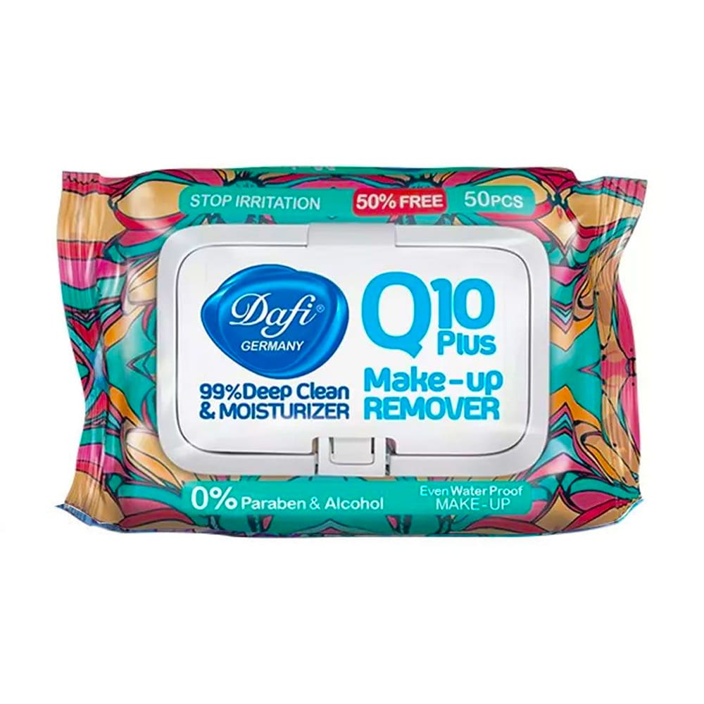 دستمال مرطوب پاک کننده آرایش Q10 پوست حساس دافی بسته 50 عددی