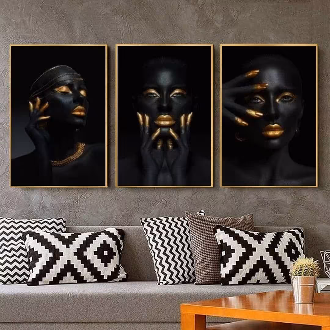 تابلو دکوراتیو طرح زن سیاه پوست وطلایی سه تکه 