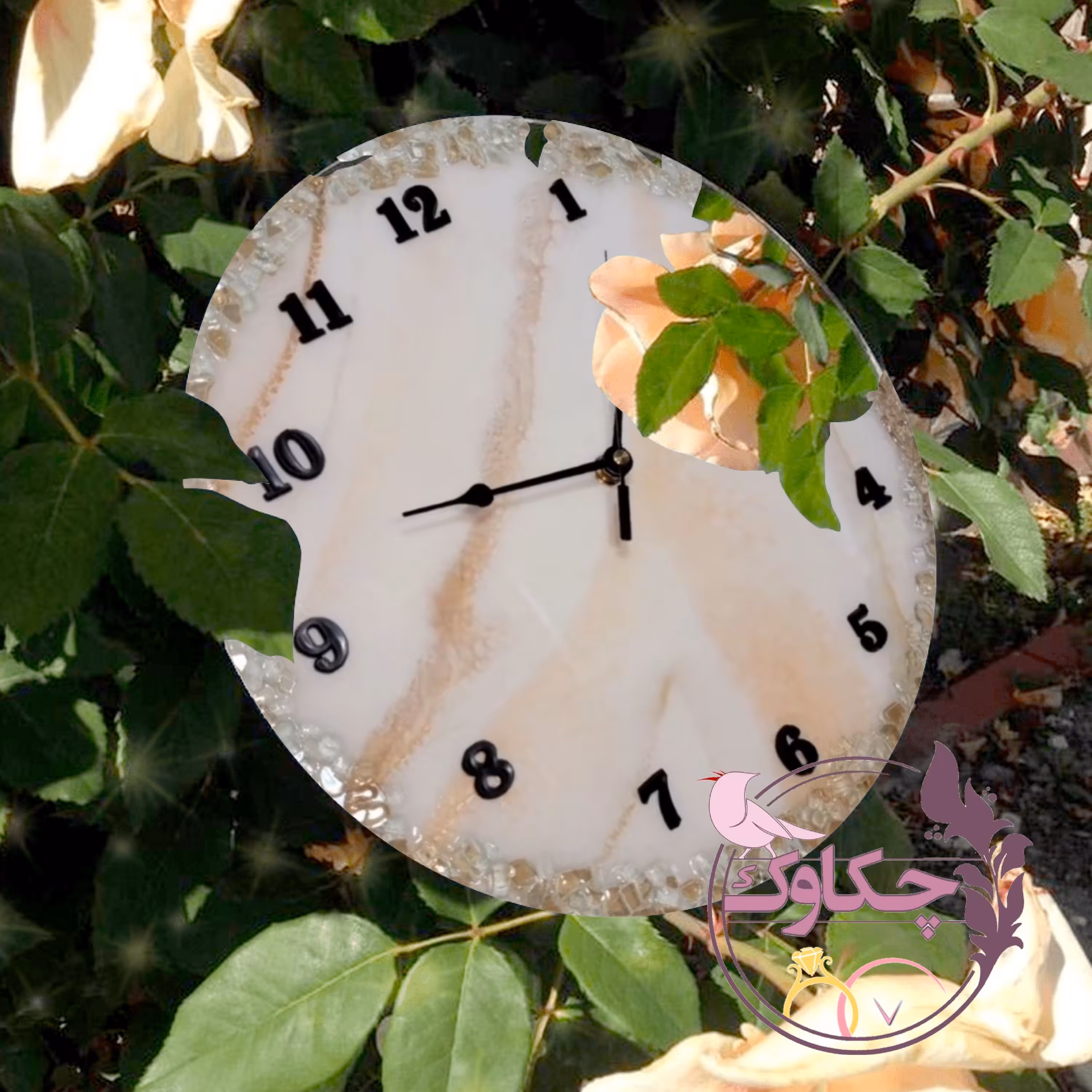 ساعت دیواری چوب و رزین طرح مرمر و ژئود کرمی با بیس 30 سانتی