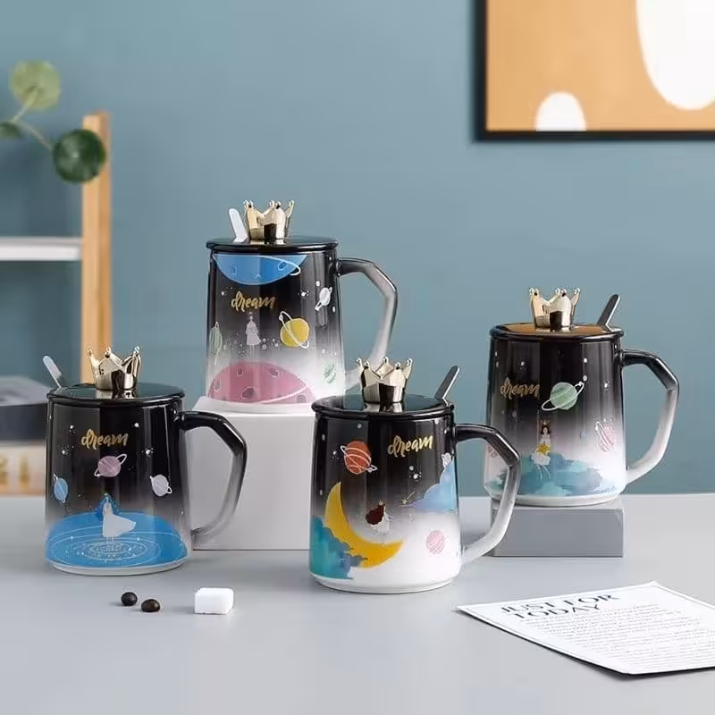 ماگ سرامیکی پرنسس با درب سرامیکی و قاشق فلزی 