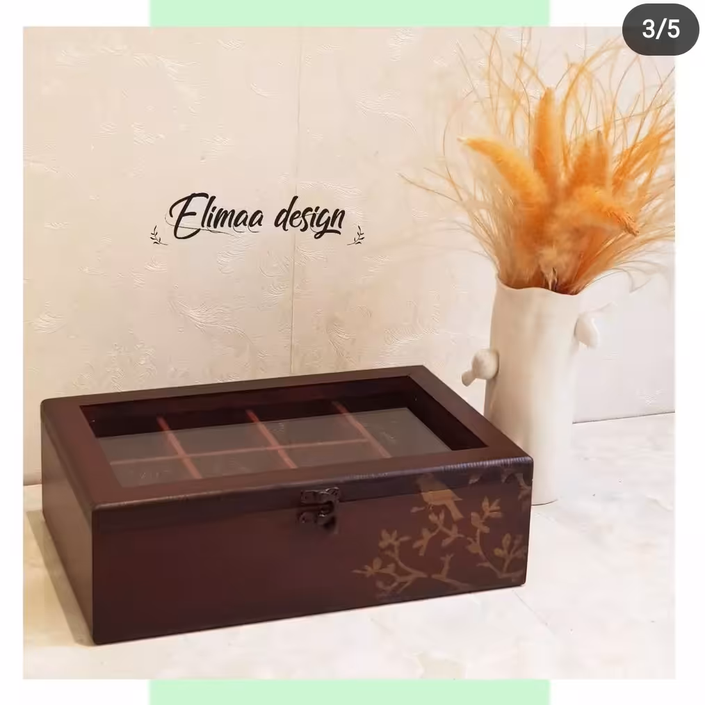 جعبه تی بگ 7 خونه به رنگ شاه بلوطی با طرح گل و مرغ   ابعاد 20 در 30 در 10 سانت