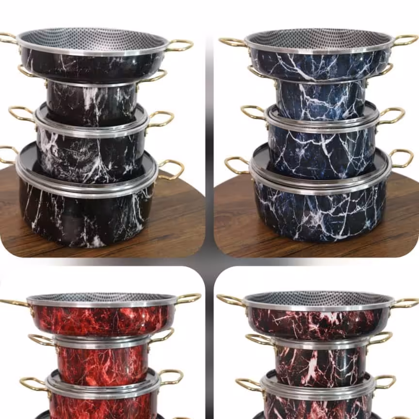 سرویس قابلمه 7 پارچه طرح سنگی  دسته طلایی داخل زنبوری 