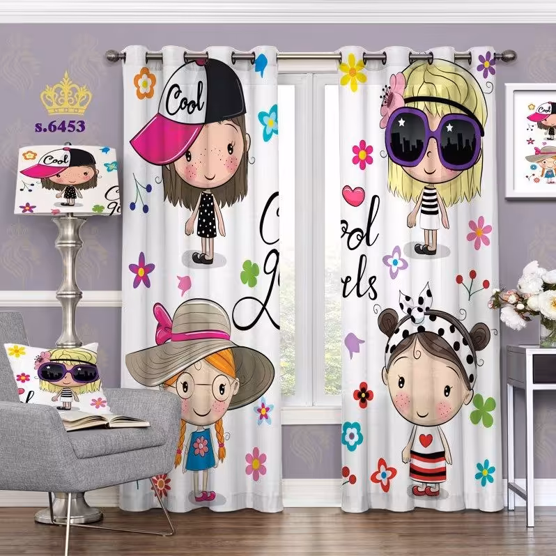 پرده اتاق خواب دخترانه دو قواره طرح کارتونی کد S6453