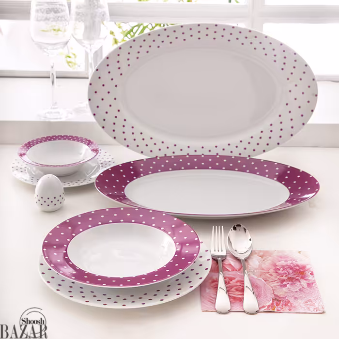 سرویس غذاخوری 6 نفره 28 پارچه مدل اسپاتی بنفش سری ایتالیا اف چینی زرین
