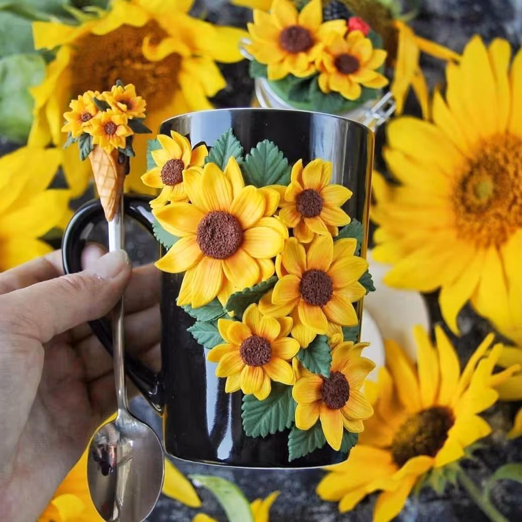 ست ماگ و قاشق طرح آفتابگردان. کاملا ضدآب شده و قابل استفاده