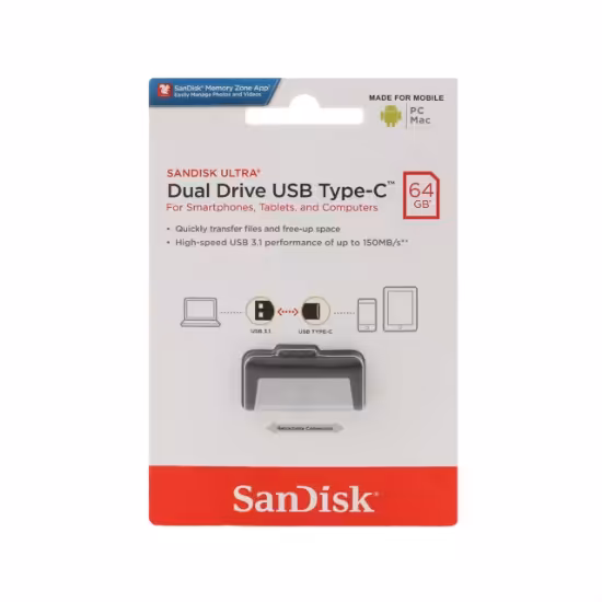 فلش مموری سن دیسک مدل Ultra Dual Drive USB Type-C USB3.1 ظرفیت 64 گیگابایت