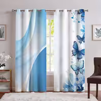 پرده چاپی پانچی مدل پروانه آبرنگی سفید آبی PQ-1011
