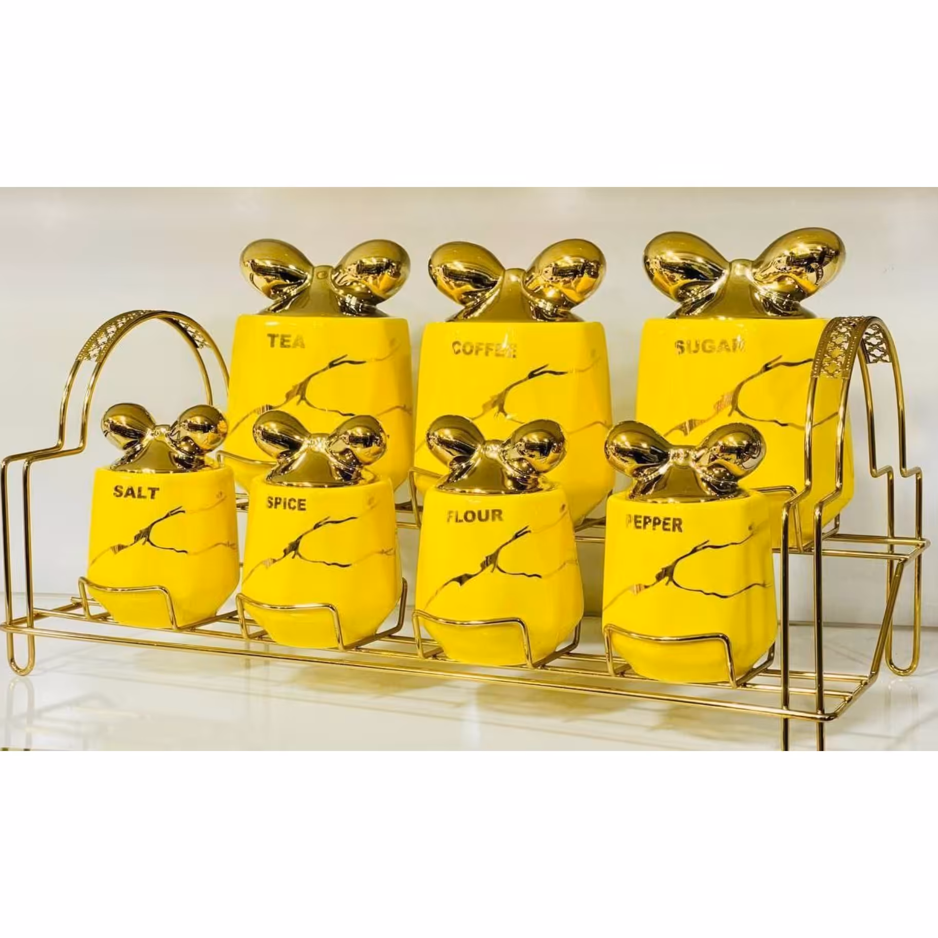 پاسماوری پاپیون ماربل زرد طلایی جا ادویه 7 پارچه سرامیکی جدید(استند دار)