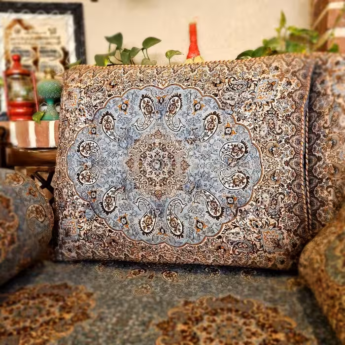 پشتی سنتی ترمه طرح سالار رنگ طوسی (یک جفت)