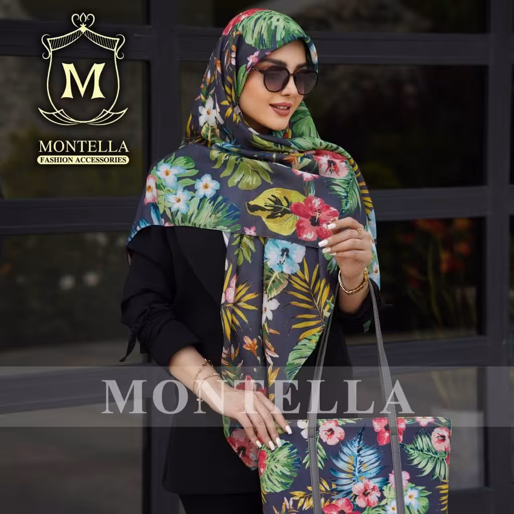 ست کیف مخمل و روسری نخی برند مونتلا  طرح گل هاوایی(ارسال به سراسر کشور)