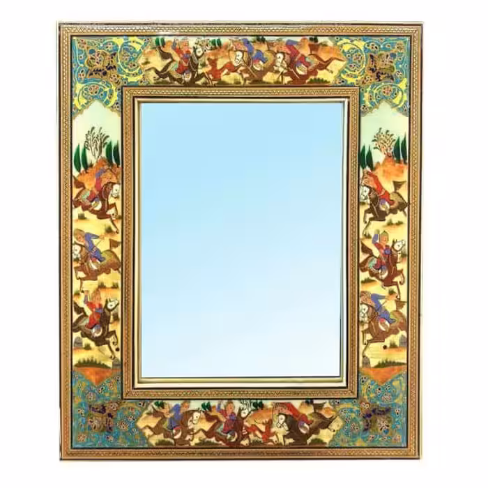 آینه خاتم نقاشی با مینیاتور  طرح چوگان سایز 13 در 18